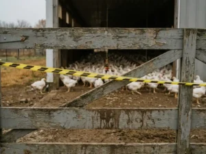 Biosecurity waarschuwingslint over houten staldeur van Nederlandse pluimveehouderij, met vleeskuikens zichtbaar op kale aarden vloer.