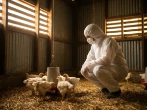 Dierenarts in wit biosecurity pak onderzoekt vleeskuikens op stro in verlichte pluimveestal.