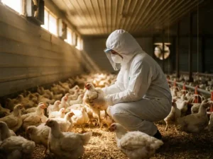 Dierenarts in wit biosecuritypak onderzoekt een vleeskuiken op de strooiselvloer van een pluimveestal.