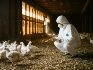 Dierenarts in wit beschermingspak inspecteert vleeskuikens op stalvloer met stro, warm amberkleurig licht.