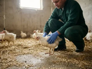 Dierenarts in groene overall onderzoekt een vleeskuiken op de stalvloer tussen houtsnippers, omringd door vrij rondlopende kippen.
