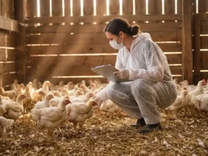 Dierenarts in witte beschermende overall tussen vleeskuikens op stro in een verlichte pluimveestal, klembord in hand.