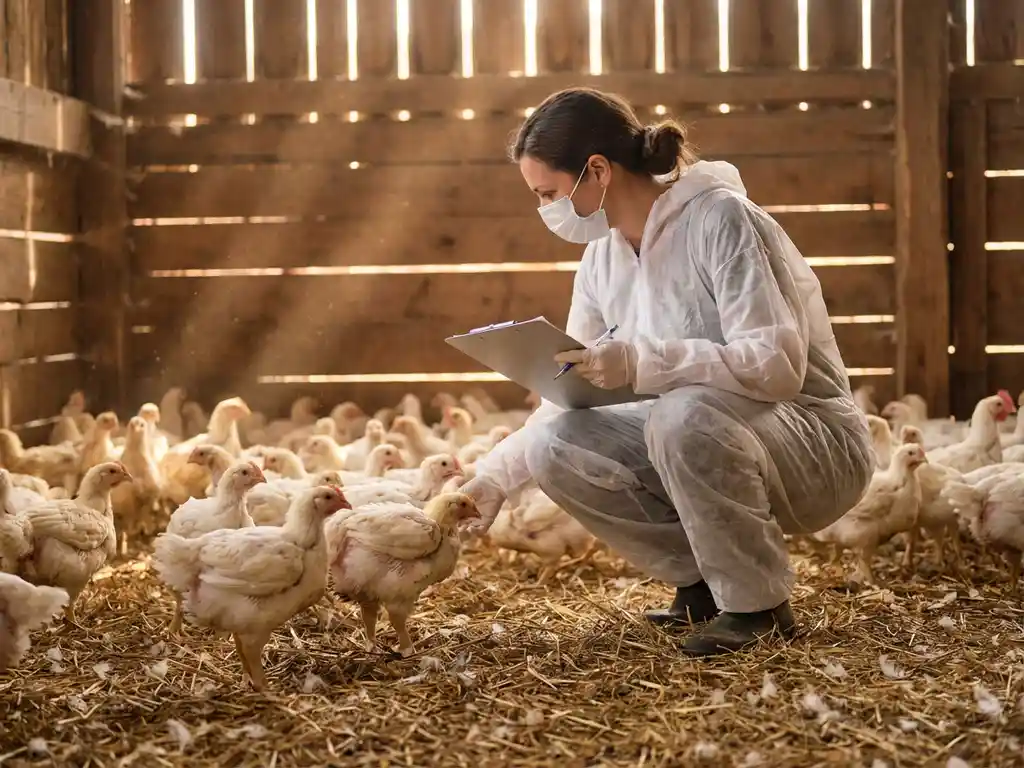 Dierenarts in witte beschermende overall tussen vleeskuikens op stro in een verlichte pluimveestal, klembord in hand.