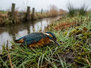 Dode wilde vogel op vochtig gras langs Nederlands waterland, slappe houding en verkreukelde veren zichtbaar, onscherpe rietkraag op achtergrond.