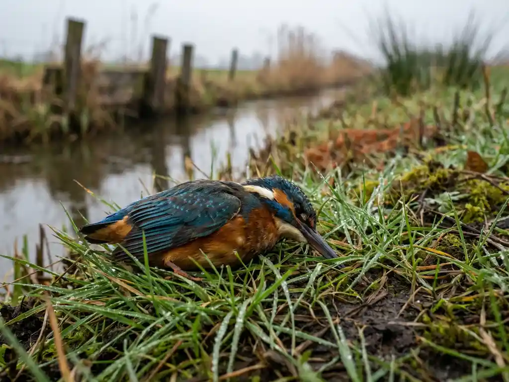 Dode wilde vogel op vochtig gras langs Nederlands waterland, slappe houding en verkreukelde veren zichtbaar, onscherpe rietkraag op achtergrond.