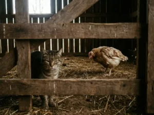 Nieuwsgierige huiskat die door een verweerde houten schutting een zieke kip observeert in een stro bedekte schuur.