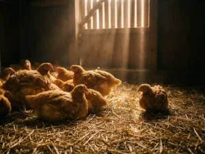 Groep vleeskuikens op stro in een stal, één kip staat apart in zacht amberkleurig licht.