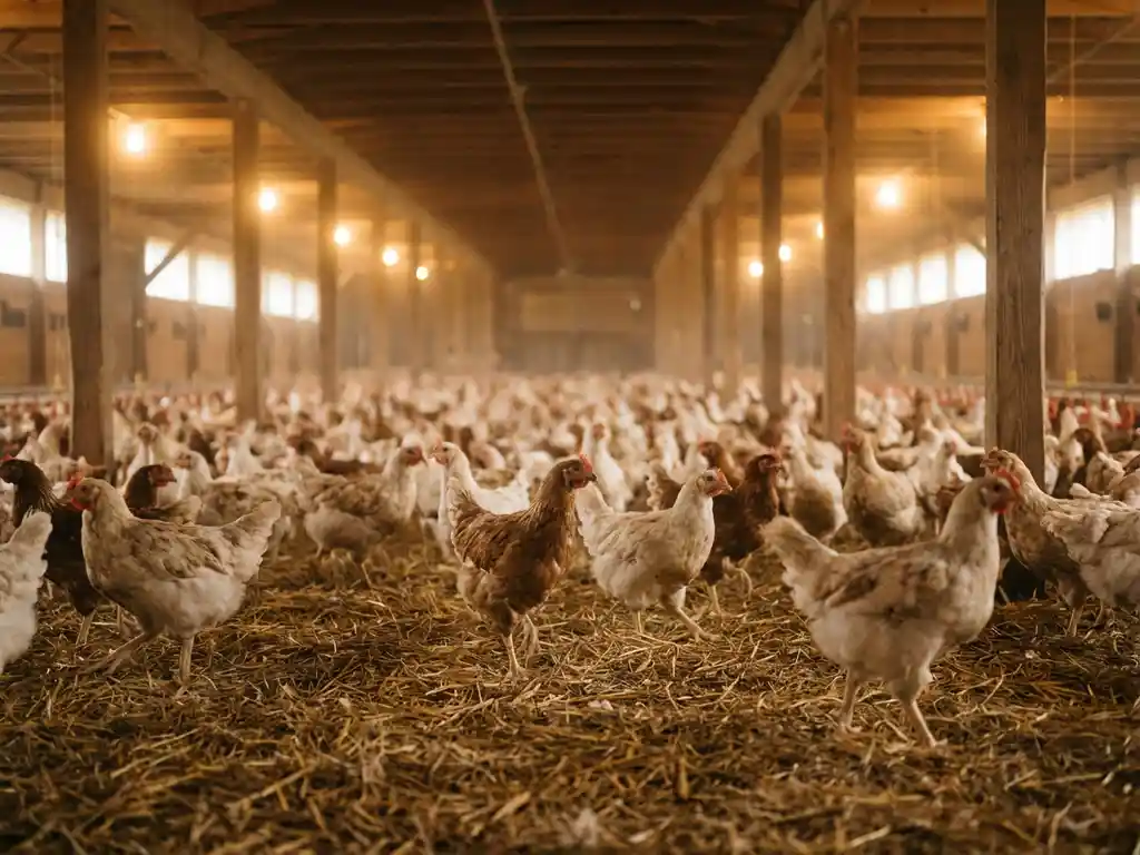 Honderden vleeskuikens lopen vrij rond op stro in een warmverlichte houten stal met natuurlijk licht.