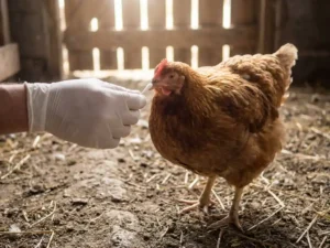 Dierenarts neemt swabmonster bij vleeskuiken op strooiselvloer in pluimveestal tijdens veterinaire inspectie.