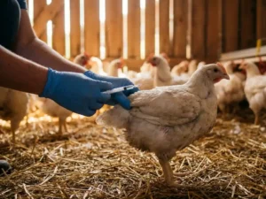 Dierenarts met handschoen houdt spuit bij een vleeskuiken op stro in een warme, natuurlijk verlichte stal.