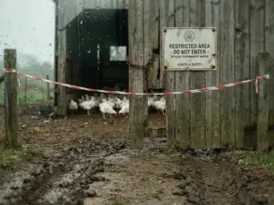 Verweerde houten schuurdeur met officieel overheidsrestrictiebord in modderig erf, vleeskuikens zichtbaar op kale grond op de achtergrond.