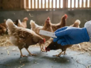 Dierenarts in handschoen houdt sneltestcassette vast in pluimveestal met vleeskuikens op betonvloer op de achtergrond.