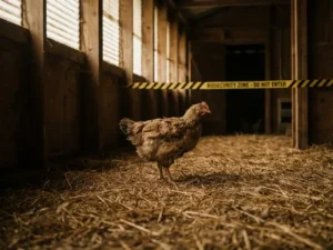 Vleeskuiken op strooisel in schemering pluimveestal met biosecurity-waarschuwingstape bij de ingang op de achtergrond.