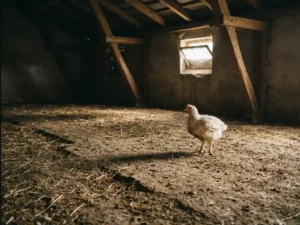 Vleeskuiken staat alert op kale aangestampte grond in een schemering pluimveestal met verspreide stro en lage houten balken.