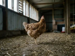 Vleeskuiken staat alert op kale grond in een schemering pluimveestal, met strokorrels op de vloer en zacht daglicht.