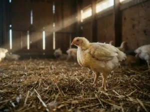 Vleeskuiken op strooiselvloer in schaars verlicht pluimveehuis, met andere kippen wazig op de achtergrond.