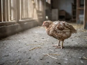 Lethargische vleeskuiken met gekrulde veren op kale stalvloer, zwak daglicht door ventilatiesleuven, oog-niveau perspectief.