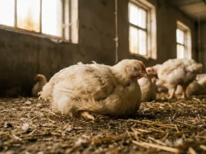 Lethargische vleeskuiken met opgezette veren rustend op stro in een stal, omringd door wazig vervagend koppel op de achtergrond.