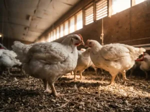 Vleeskuikens op droge houtkrullen in een schemering pluimveestal met warm amberkleurig licht door ventilatiespeleten.