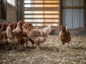 Vleeskuikens op stro in een pluimveestal, zacht daglicht door ventilatiesleuven, één kip licht afgescheiden van de groep.
