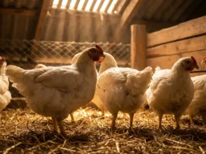 Gezonde vleeskuikens op strooisel in een verlichte pluimveestal met biosecurityhek op de achtergrond.