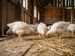 Vleeskuikens pikken in goudkleurig stro op een verweerde houten barnvloer, zacht daglicht filtert door smalle planken.