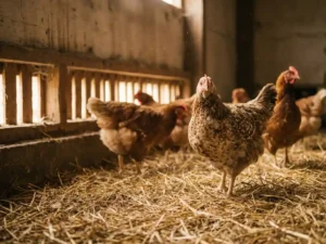Vleeskuikens op stro in een stal met gedempte daglichtinval door ventilatieopeningen, scherpe focus op één alerter vogel op de voorgrond.
