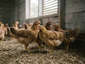 Vleeskuikens op droog houtkrullenstrooisel in een schemering verlichte pluimveestal met gefilterd daglicht.