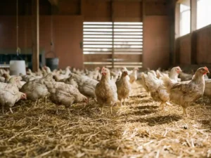 Vleeskuikens lopen vrij rond op stro in een verlichte stal met natuurlijk daglicht en warme aardtinten.