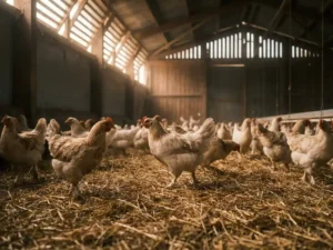 Vleeskuikens lopen vrij op gouden stro in een schemering pluimveestal met warme lichtstralen door ventilatieopeningen.