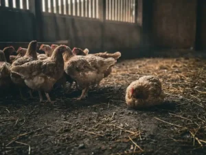 Broilerkippen op kale aangestampte stalvloer, één zichtbaar lethargisch en afgezonderd van de koppel, gedimpt licht vanuit smalle ventilatiespleten.