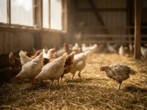 Groep vleeskuikens op strooisel in een stal, één vogel met verkreukelde veren en lusteloos gedrag afgezonderd van de rest.