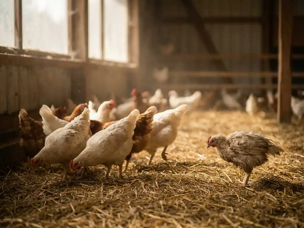Groep vleeskuikens op strooisel in een stal, één vogel met verkreukelde veren en lusteloos gedrag afgezonderd van de rest.