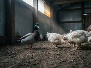 Wilde eend tussen vleeskuikens op de aarden vloer van een schaars verlichte pluimveestal, met stofdeeltjes in een lichtstraal.