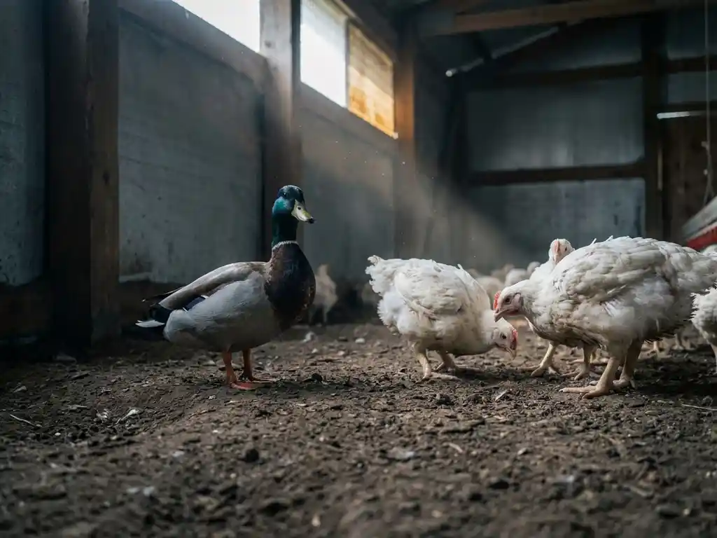 Wilde eend tussen vleeskuikens op de aarden vloer van een schaars verlichte pluimveestal, met stofdeeltjes in een lichtstraal.