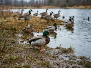 Wilde eend scherp in beeld aan de modderige oever van een vijver, met ganzen en eenden op de achtergrond in zacht bewolkt licht.
