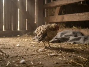 Zieke kip op kale barnvloer omringd door losse veren, zacht natuurlijk licht door houten lattenwerk.