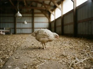 Zieke vleeskuiken met gekromde houding en verfrommelde veren op spaanselstrooisel in schaars verlichte pluimveestal.