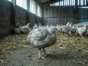 Zieke vleeskuiken alleen op kale aarden vloer in schemering pluimveestal, veren opgezet en houding gebogen, gezonde koppel vaag op achtergrond.
