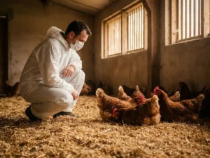 Dierenarts in witte beschermende overall gehurkt naast vrije-uitloopkippen op gouden houtkrullen in een verlichte pluimveestal.