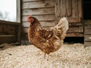 Kippen in de achtertuin staand op houtkrullen voor een rustieke houten kippenhok, zachte veren in room en kastanjebruin.