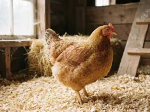 Gezonde vleeskuiken op verse houtsnippers in een rustieke stal, warm natuurlijk daglicht, close-up met onscherpe achtergrond.