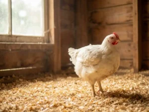 Vleeskuiken op een bed van verse houtkrullen in een rustieke stal, met zacht natuurlijk daglicht en warme gouden tinten.