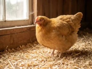 Vleeskuiken op houtkrullen in een stal, zacht natuurlijk daglicht door een raam, scherpe veertextuur op ooghoogte.