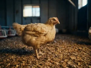 Vleeskuiken op houtkrullen in een pluimveestal met zacht natuurlijk licht en warme amber tinten.