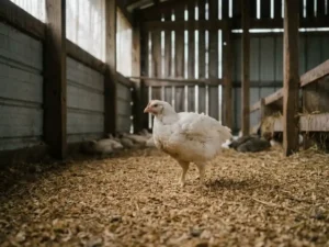 Vleeskuiken staand op gouden houtkrullen in een schemering verlichte pluimveestal met gefilterd daglicht.