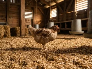 Vleeskuiken op gouden houtkrullen in een Nederlandse pluimveestal met warme amberkleurige belichting en zichtbare veertextuur.
