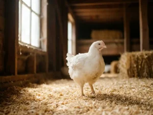 Vleeskuiken staand op verse houtkrullen in een schaars verlichte pluimveestal, zacht natuurlijk licht door een zijraam.