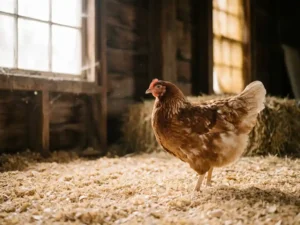 Vleeskuiken staand op verse houtkrullen in een stal, zacht natuurlijk daglicht door een raam, rustieke houten achtergrond.