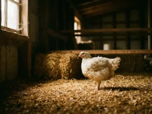 Vleeskuiken staand op verse houtkrullen in een schemering pluimveestal, zacht natuurlijk licht vanuit een zijraam.